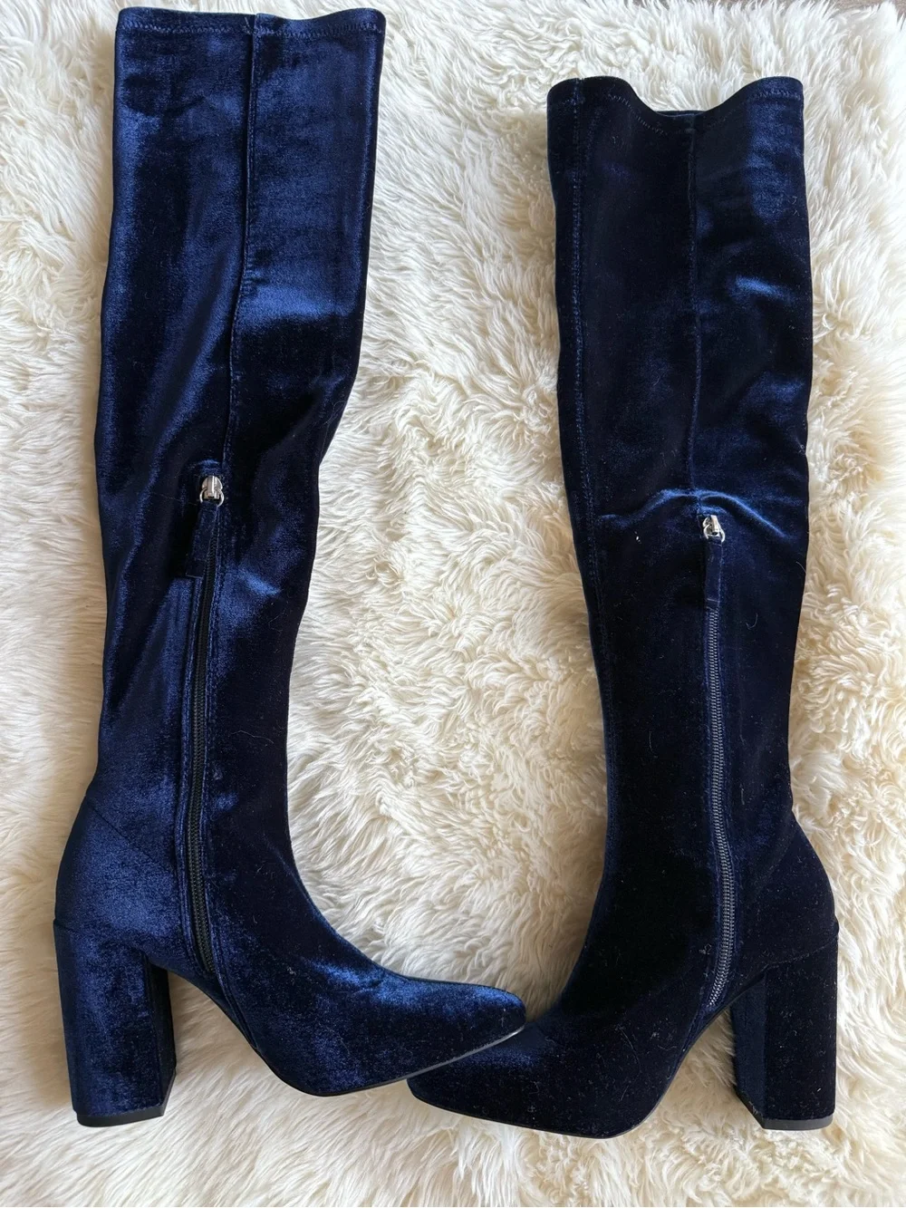 Zara Navy Velvet Over-the-Knee Block Heel Boots